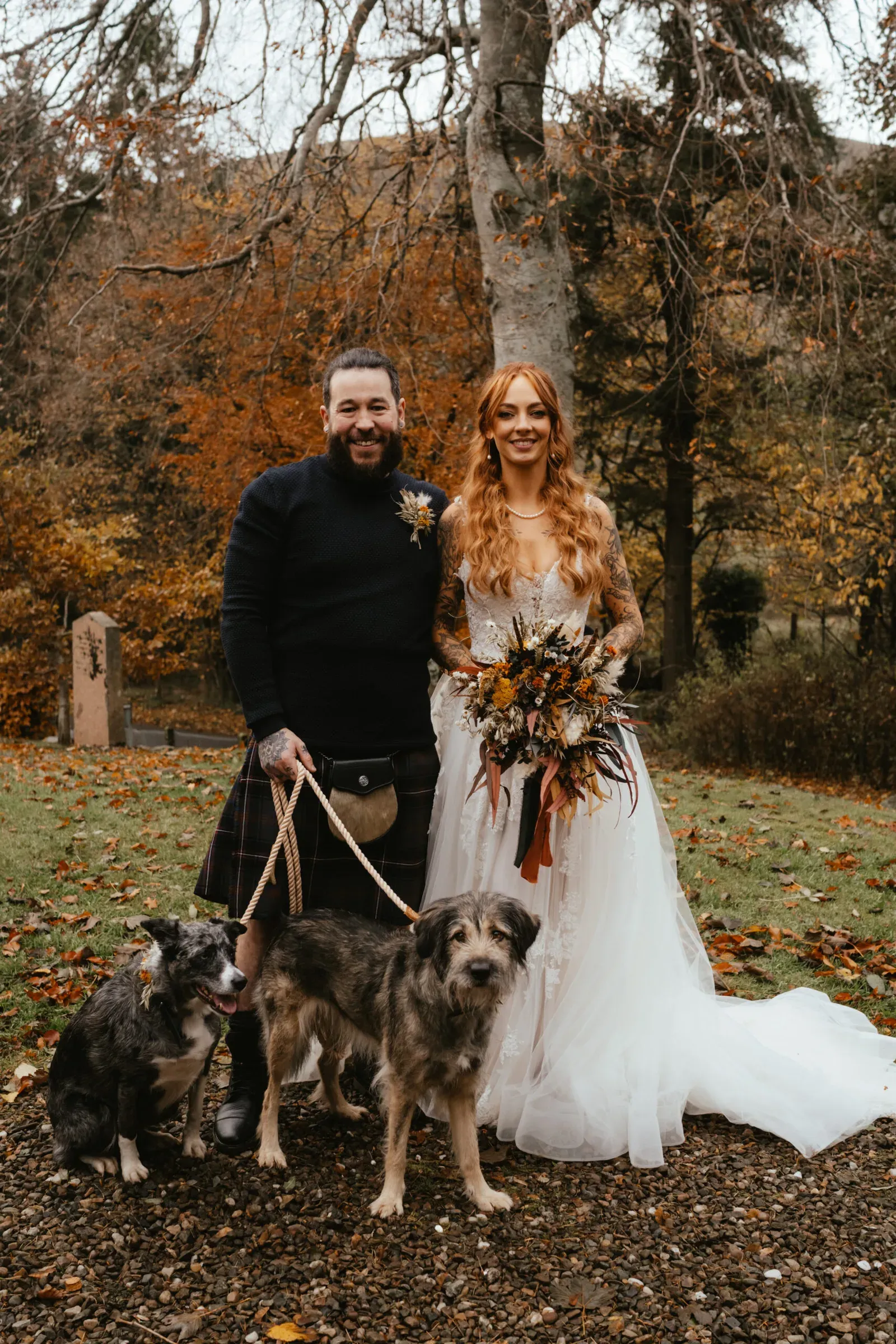 A bride and groom pose with their two dogs in the glen at Glenclova.