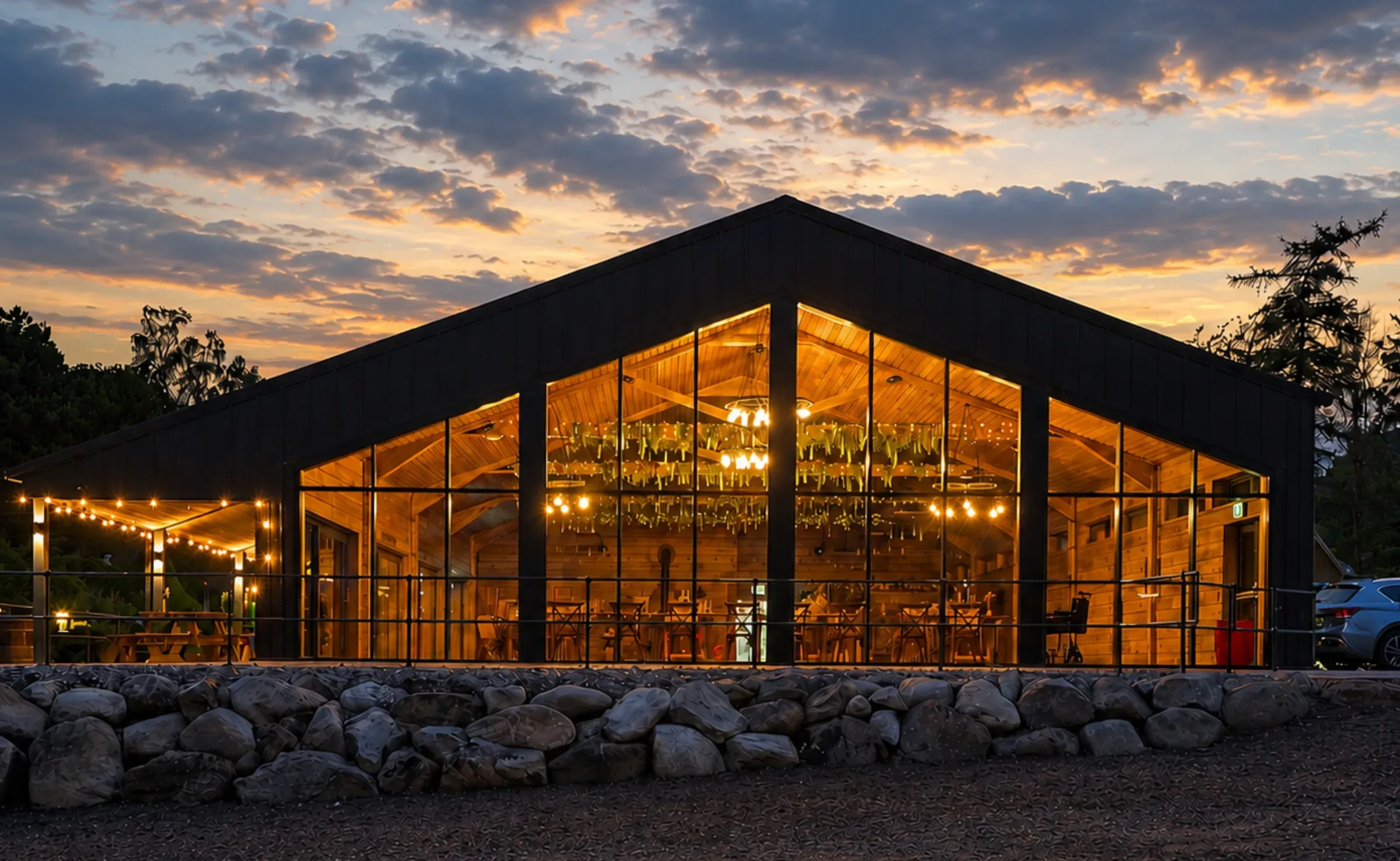 A stunning autumn evening view of the Glen Clova venue illuminated against a dramatic sunset sky.